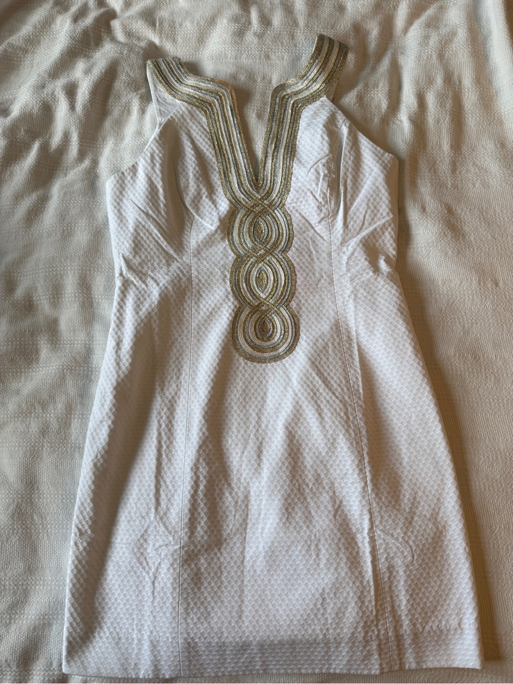 Lilly Pulitzer White Mini Dress with Gold Embellished Plunge Neckline